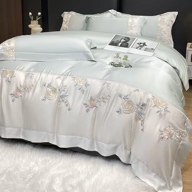 Luxury White Purple Chic Rose Flowers Embroidery Ice Silky Duvet Cover Bedding Set